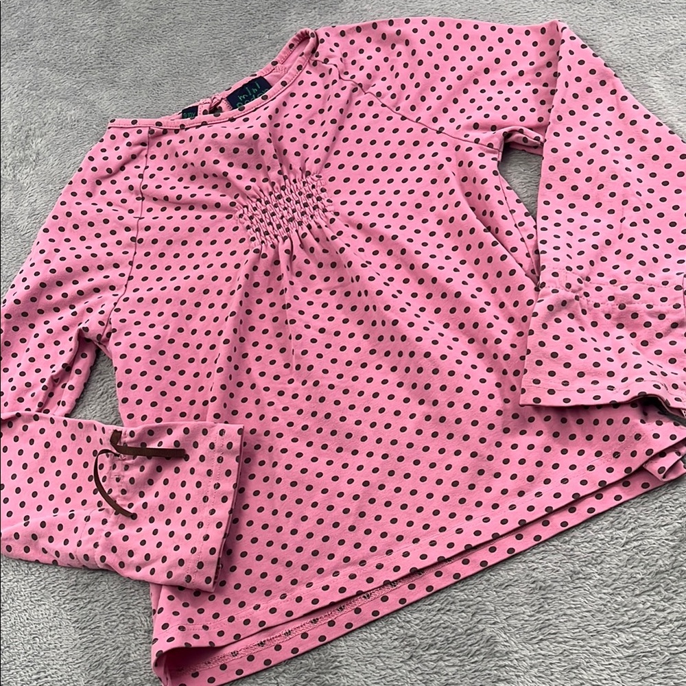 Mini Boden 9-10 Girls Cotton Blend Pink Polka Dot Long Sleeve Top